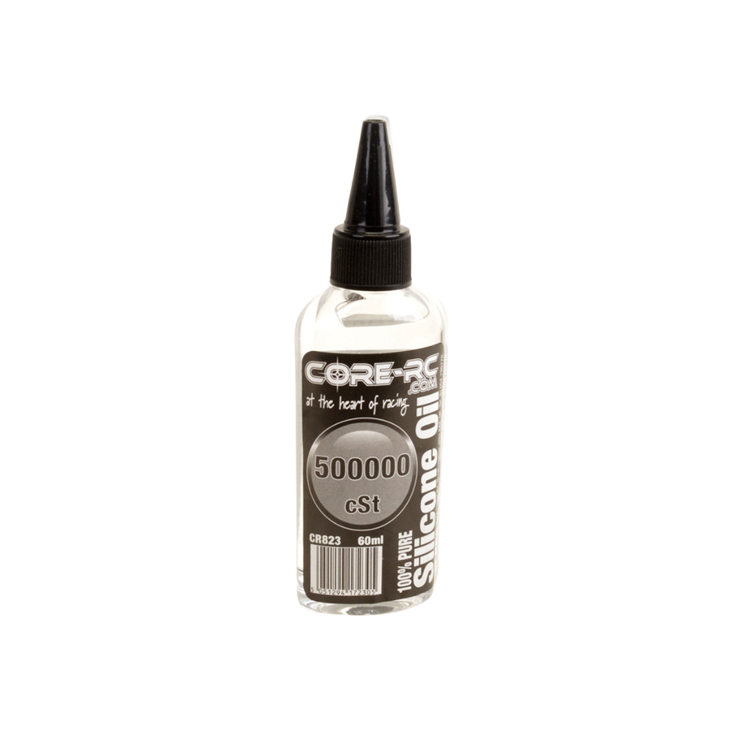 Bottle of Core RC silicone oil with a black cap on a white background