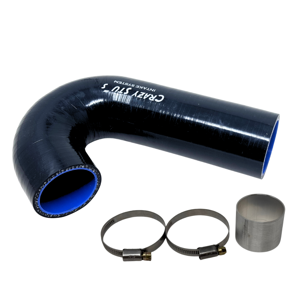 Black silicone hose kit with clamps and a sleeve on a white background