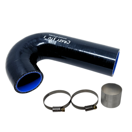 Black silicone hose kit with clamps and a sleeve on a white background