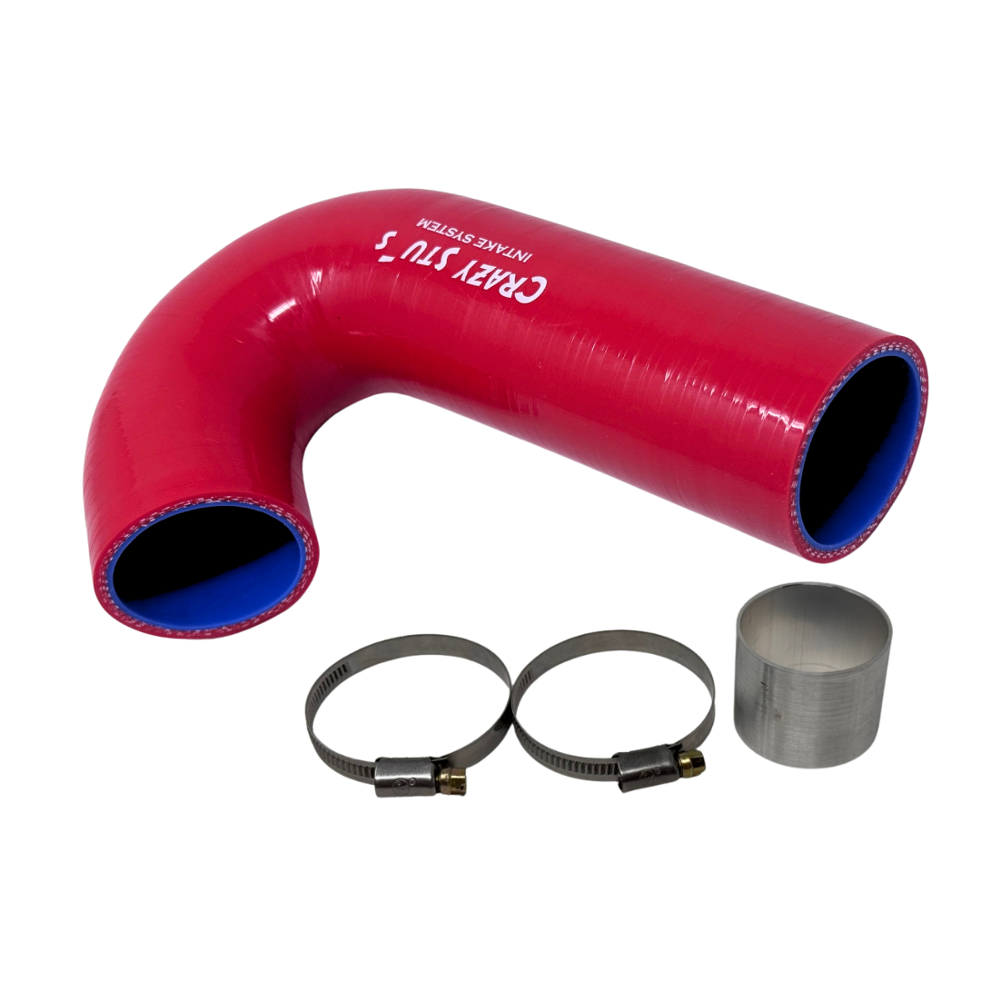 Red silicone hose with metal clamps on a white background