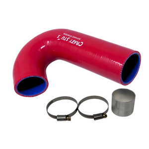 Red silicone hose with metal clamps on a white background