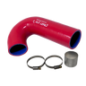 Red silicone hose with metal clamps on a white background