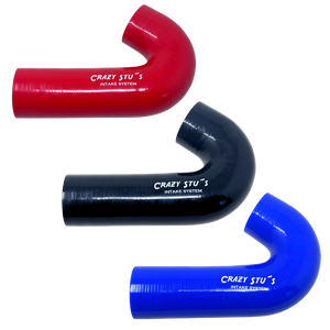 Three curved intake hoses in red, black, and blue with 'Crazy Stu's' branding on a white background.