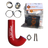Collection of automotive parts including a red intake tube, clamps, and a package labeled 'Uber RC' on a white background.