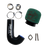 Car air intake system components including a black silicone hose, green air filter, and metal parts on a white background.