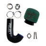 Car air intake system components including a black silicone hose, green air filter, and metal parts on a white background.