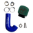Collection of automotive parts including a blue intake tube, green air filter, and metal components on a white background.