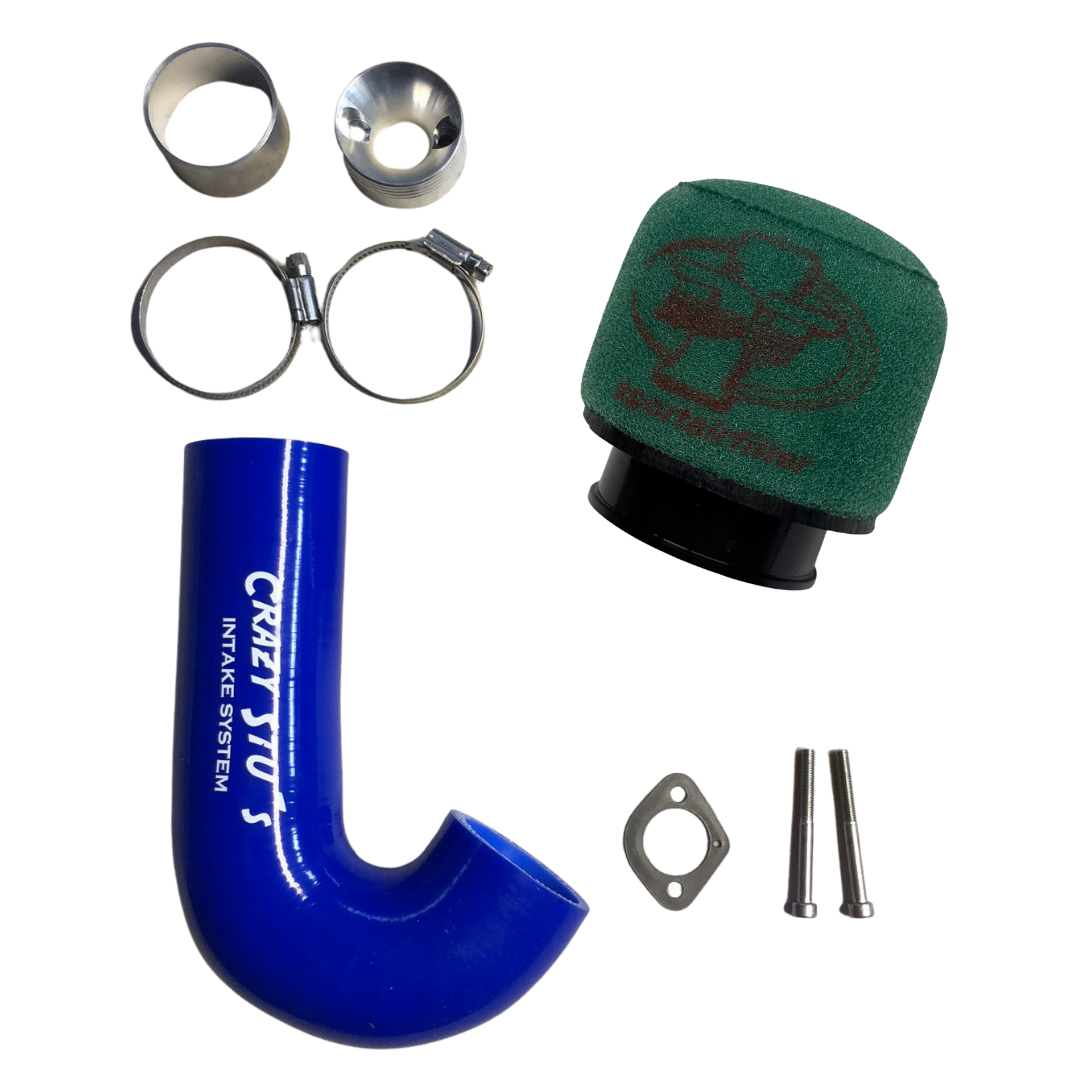Collection of automotive parts including a blue intake tube, green air filter, and metal components on a white background.