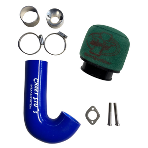 Collection of automotive parts including a blue intake tube, green air filter, and metal components on a white background.