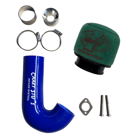 Collection of automotive parts including a blue intake tube, green air filter, and metal components on a white background.