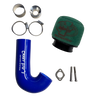Collection of automotive parts including a blue intake tube, green air filter, and metal components on a white background.