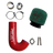 Collection of automotive parts including a red intake pipe, green air filter, and metal components on a white background.