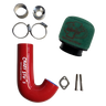 Collection of automotive parts including a red intake pipe, green air filter, and metal components on a white background.