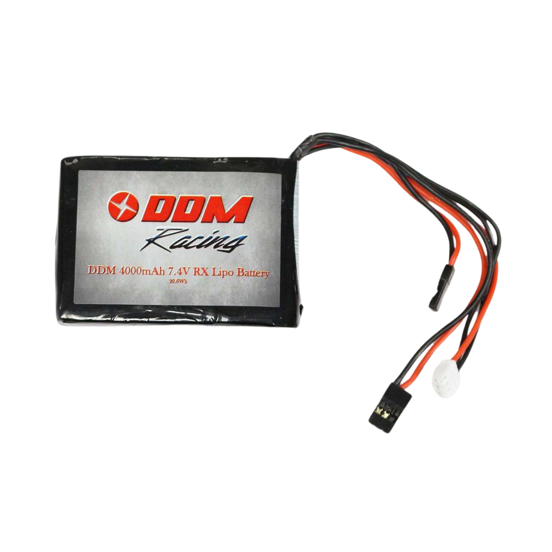 DDM Racing battery with red and black wires on a white background