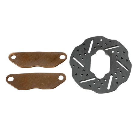 Brake disc and two brake pads on a white background