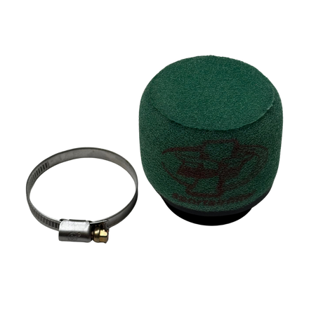 Green air filter and metal clip on a white background