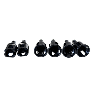 Set of six black metal connectors on a white background
