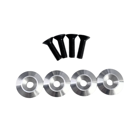 Set of metal washers and screws on a white background