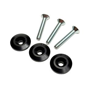 Set of black washers and screws on a white background