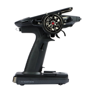 Black remote control transmitter on a white background