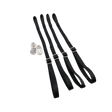 four black straps with metal buckles on a white background