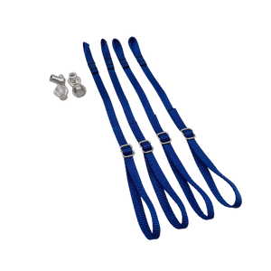 Set of blue straps with metal hardware on a white background
