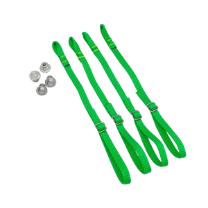 Green straps with metal buckles on a white background