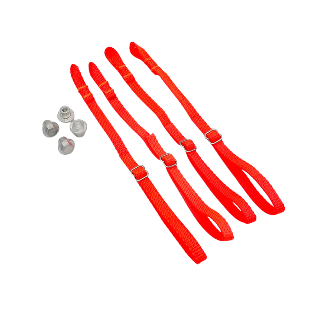 Red straps with metal hardware on a white background