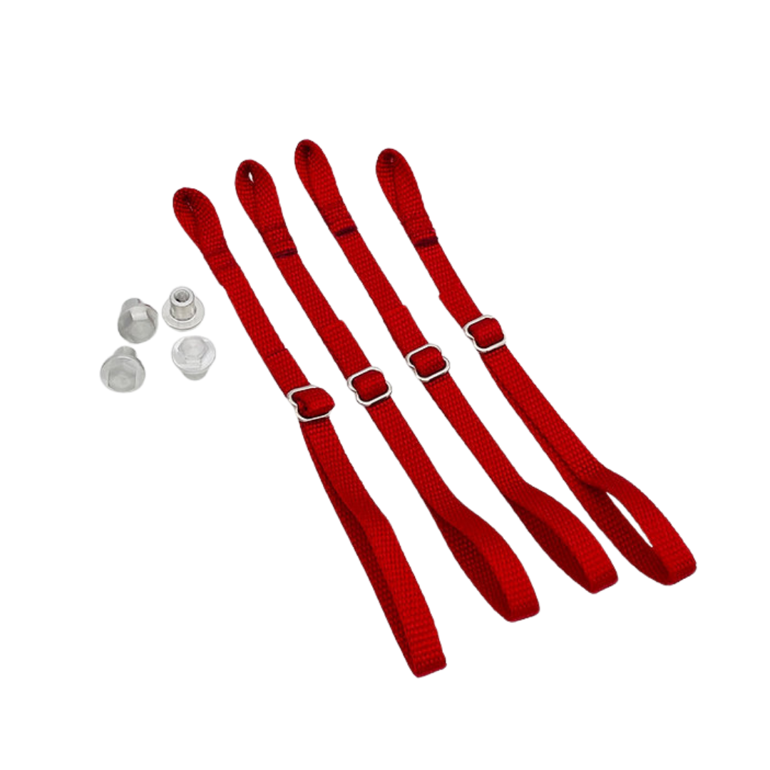 Red straps with metal hardware on a white background