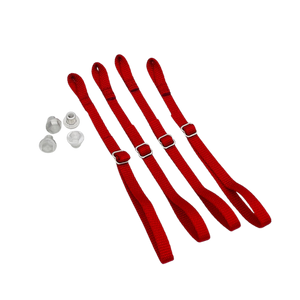 Red straps with metal hardware on a white background