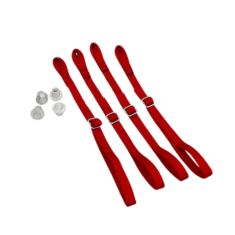 Red straps with metal hardware on a white background