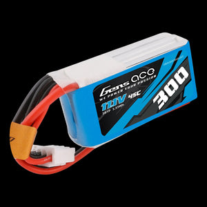 Gens Ace battery pack with blue casing and red and black connectors on a white background