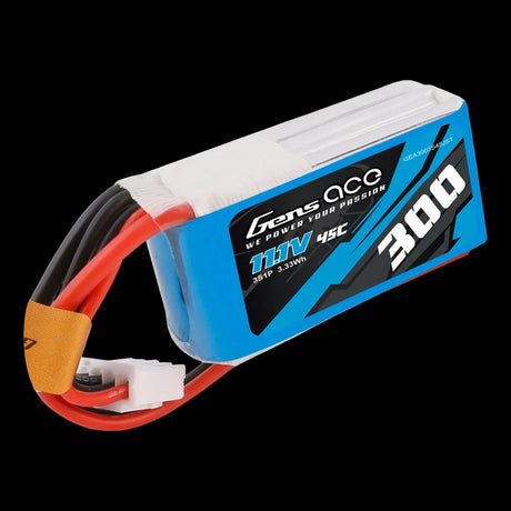 Gens Ace battery pack with blue casing and red and black connectors on a white background