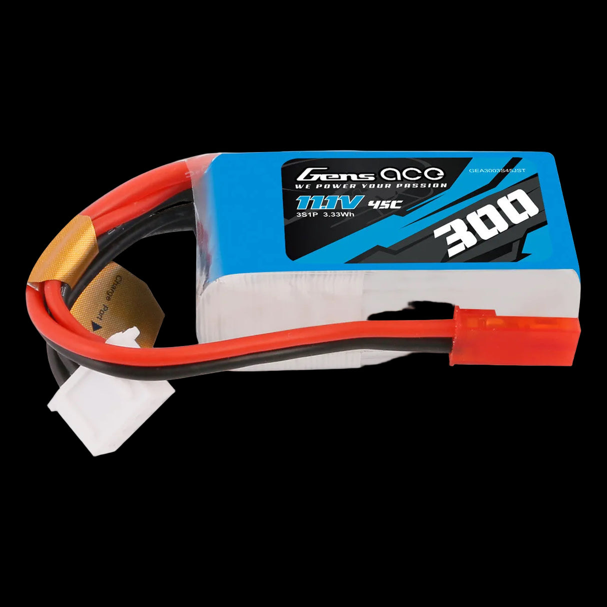 Battery pack with red and black connectors on a white background