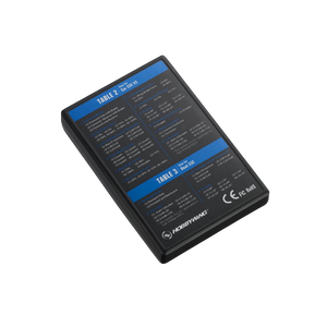 Black rectangular device with text and branding on a white background
