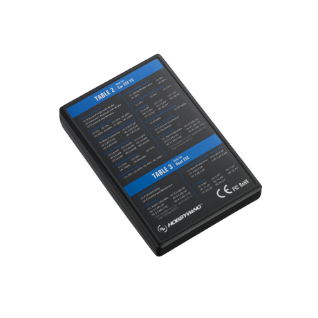 Black rectangular device with text and branding on a white background