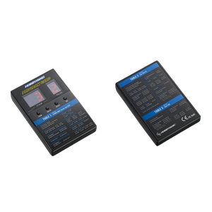 Two electronic devices with digital displays on a white background