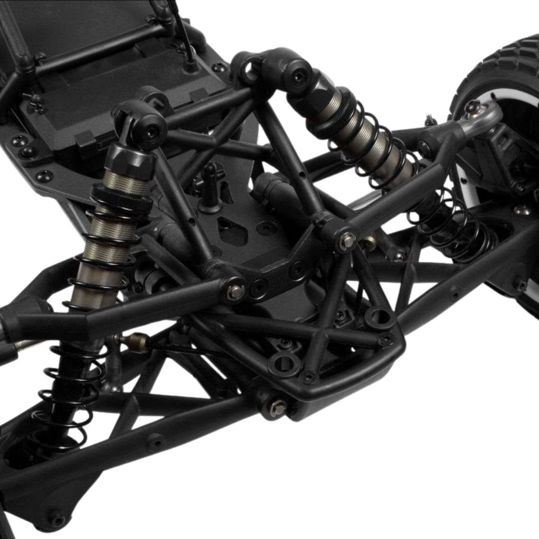 Close-up of a black mechanical vehicle chassis with suspension components on a white background