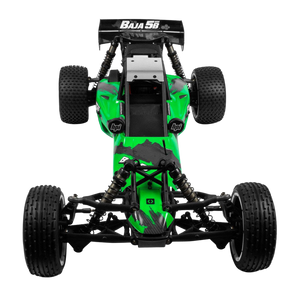 Green and black Baja 5B remote control car on a white background