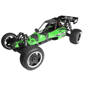 Green and black remote control car on a white background