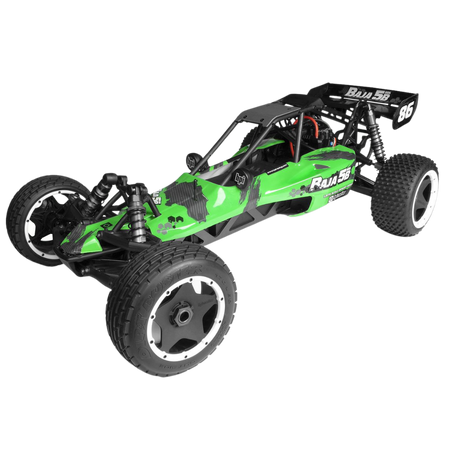 Green and black remote control car on a white background