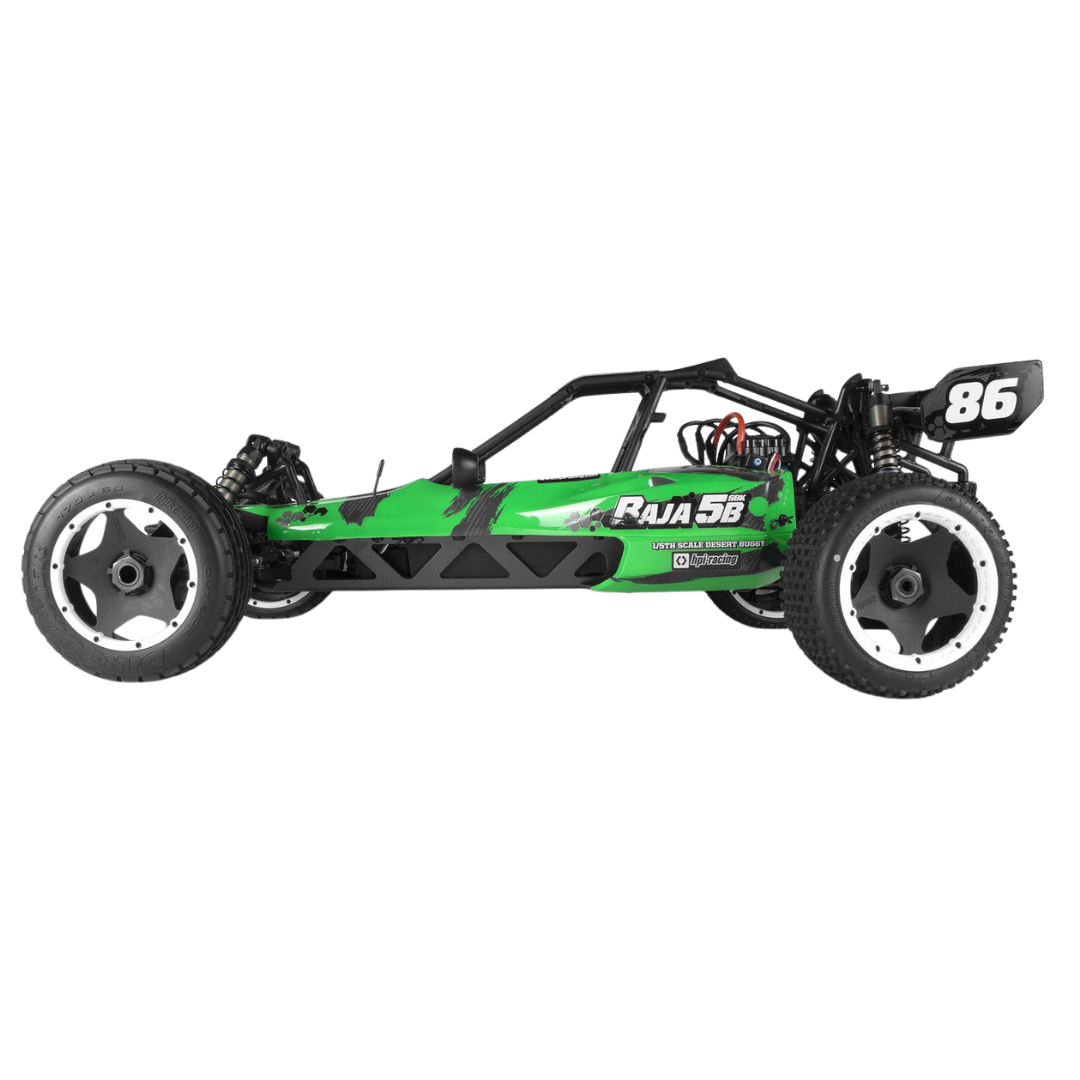 Green and black RC car with 'Raja 58' branding on a white background