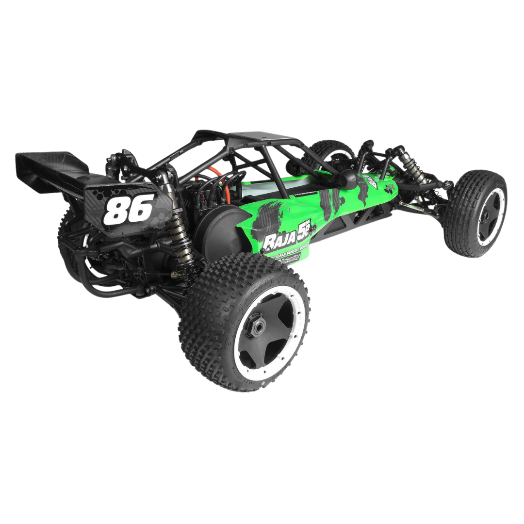Green and black remote control car chassis with '86' and 'Rush' branding on a white background