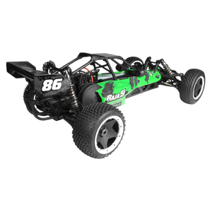 Green and black remote control car chassis with '86' and 'Rush' branding on a white background