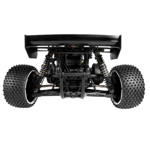 Black off-road vehicle chassis with large tires on a white background