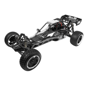 Black off-road RC car chassis on a white background