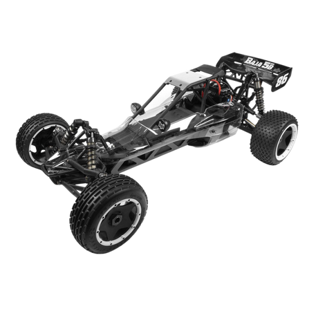 Black off-road RC car chassis on a white background