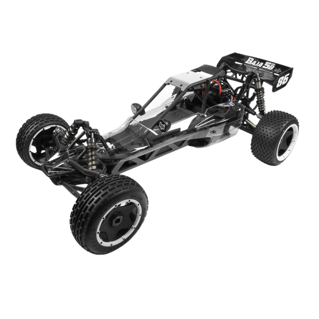 Black off-road RC car chassis on a white background