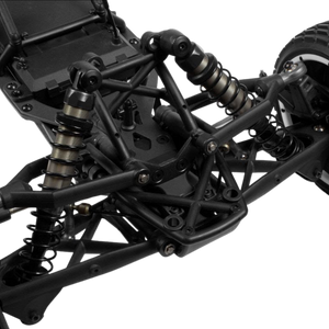 Close-up of a black mechanical vehicle chassis with suspension components on a white background