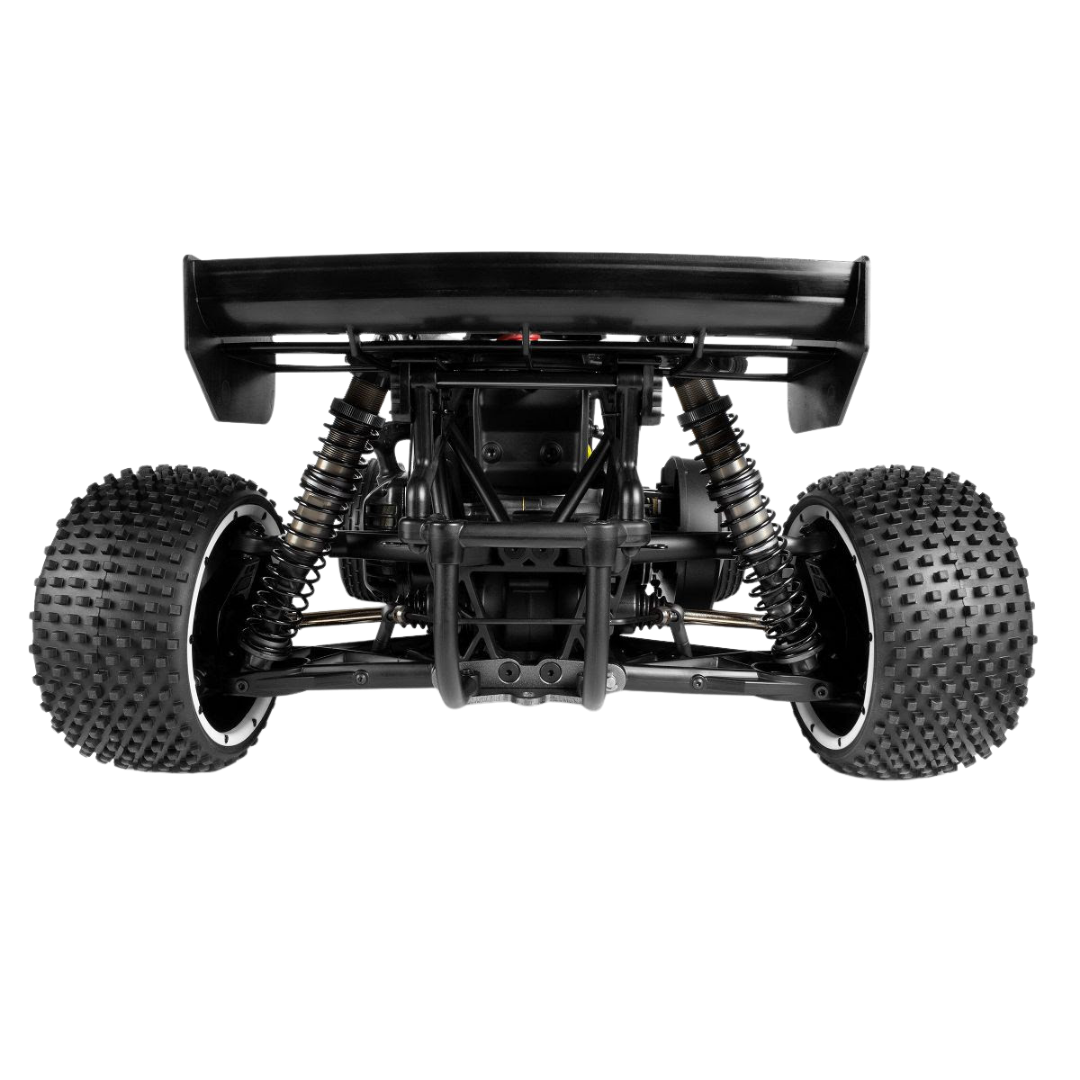 Black off-road vehicle chassis with large tires on a white background